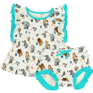 Shop All | Birthday Party Animals Take The Cake Ruffle Peplum Bummie Set (3-24m) - CaringForTots - Professional Baby and Children's Products | Caring for Growth, Caring for Every Moment