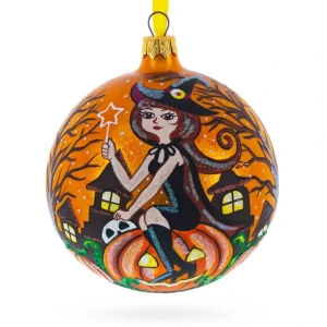 Best Enchanting Witch Riding Pumpkin Glass Ball Halloween Ornament 4 Inches - CaringForTots - Professional Baby and Children's Products | Caring for Growth, Caring for Every Moment