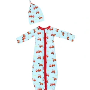 Sale Farm Friends With Red Tractors Ruffle Newborn Gown & Knot Hat Set - CaringForTots - Professional Baby and Children's Products | Caring for Growth, Caring for Every Moment