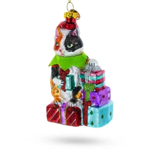 Hot Festive Cat Surrounded By Gift Boxes - Blown Glass Christmas Ornament - CaringForTots - Professional Baby and Children's Products | Caring for Growth, Caring for Every Moment