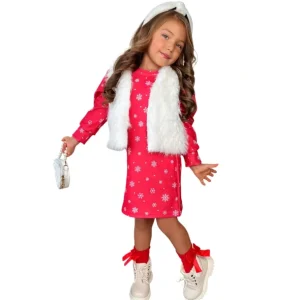 Online Festive Snowflake Christmas Dress And Faux Fur Vest Set - CaringForTots - Professional Baby and Children's Products | Caring for Growth, Caring for Every Moment