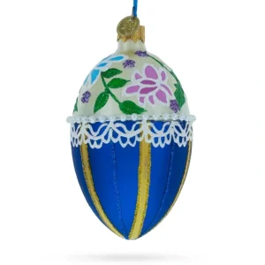 Clearance Flowers On Beige And Blue Glass Egg Christmas Ornament 4 Inches - CaringForTots - Professional Baby and Children's Products | Caring for Growth, Caring for Every Moment