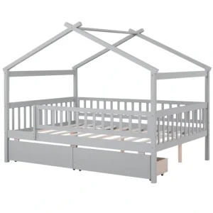 Fashion Full Size Wooden House Bed with Two Drawers,Gray - CaringForTots - Professional Baby and Children's Products | Caring for Growth, Caring for Every Moment