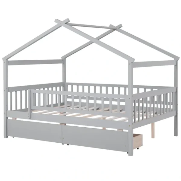 Fashion Full Size Wooden House Bed with Two Drawers,Gray - CaringForTots - Professional Baby and Children's Products | Caring for Growth, Caring for Every Moment