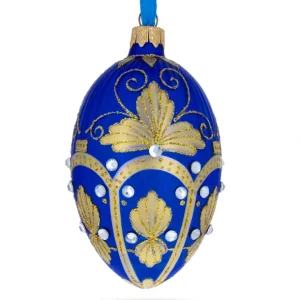Cheap Golden Pearls On Blue Guilloche Glass Egg Christmas Ornament 4 Inches - CaringForTots - Professional Baby and Children's Products | Caring for Growth, Caring for Every Moment