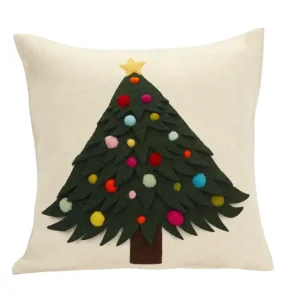 New Hand Felted Wool Christmas Pillow - Tree With Ornaments On Cream - 20" - CaringForTots - Professional Baby and Children's Products | Caring for Growth, Caring for Every Moment