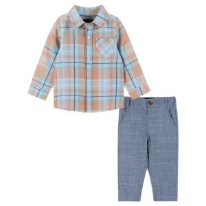 Cheap Infant Plaid Buttondown & Pants Set | Orange & Blue - CaringForTots - Professional Baby and Children's Products | Caring for Growth, Caring for Every Moment