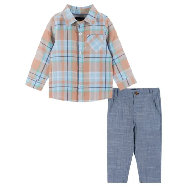 Cheap Infant Plaid Buttondown & Pants Set | Orange & Blue - CaringForTots - Professional Baby and Children's Products | Caring for Growth, Caring for Every Moment