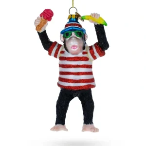 Best Jungle Indulgence: Whimsical Monkey With Banana And Ice Cream - Blown Glass Christmas Ornament - CaringForTots - Professional Baby and Children's Products | Caring for Growth, Caring for Every Moment