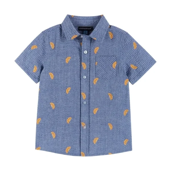 Cheap Kids Seersucker Short Sleeve Buttondown Shirt | Orange Slices - CaringForTots - Professional Baby and Children's Products | Caring for Growth, Caring for Every Moment