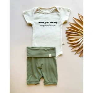 Fashion Mom Superhero | Bamboo Fold Over Shorties And Organic Cotton Bodysuit Set | Eucalyptus - CaringForTots - Professional Baby and Children's Products | Caring for Growth, Caring for Every Moment