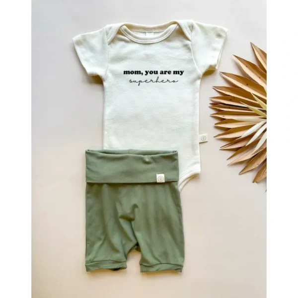 Fashion Mom Superhero | Bamboo Fold Over Shorties And Organic Cotton Bodysuit Set | Eucalyptus - CaringForTots - Professional Baby and Children's Products | Caring for Growth, Caring for Every Moment