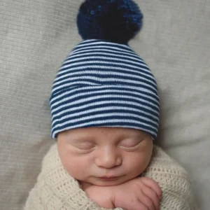 Clearance Navy Pom Newborn Navy White Stripe Hospital Hat - CaringForTots - Professional Baby and Children's Products | Caring for Growth, Caring for Every Moment