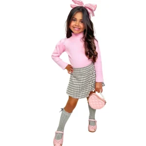 Fashion Ootd-ready Pink Turtleneck Top And Houndstooth Skirt Set - CaringForTots - Professional Baby and Children's Products | Caring for Growth, Caring for Every Moment
