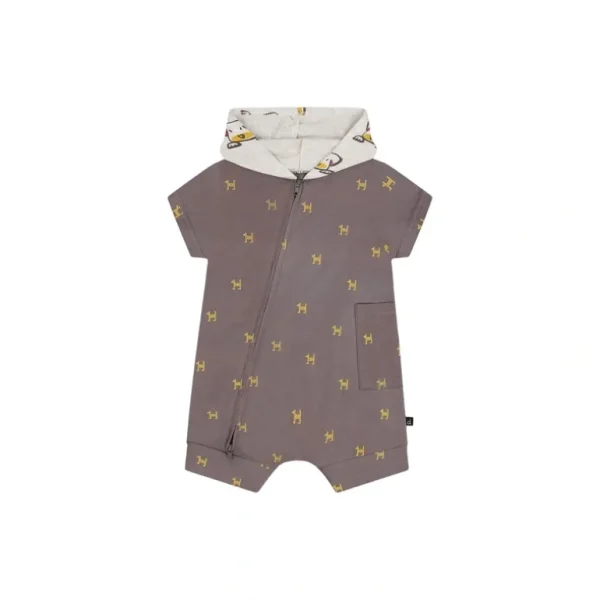 New Organic Cotton Hooded Romper Dark Grey With Printed Pixel Dog - CaringForTots - Professional Baby and Children's Products | Caring for Growth, Caring for Every Moment