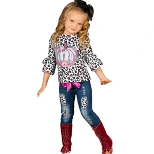 Store Pastel Pumpkin Leopard Patched Jeans Set - CaringForTots - Professional Baby and Children's Products | Caring for Growth, Caring for Every Moment
