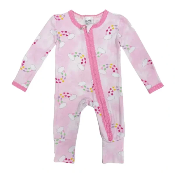 Clothing | Pink Heart Rainbow Lace Trim Flip-Footie - CaringForTots - Professional Baby and Children's Products | Caring for Growth, Caring for Every Moment