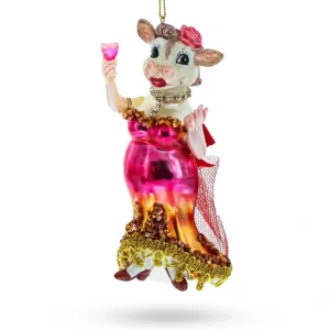 Pink-dressed Cow With Wine Glass - Blown Glass Christmas Ornament - CaringForTots - Professional Baby and Children's Products | Caring for Growth, Caring for Every Moment* Christmas Tree Ornaments