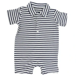 Polo Romper - Navy Blue Stripe - CaringForTots - Professional Baby and Children's Products | Caring for Growth, Caring for Every Moment* Rompers