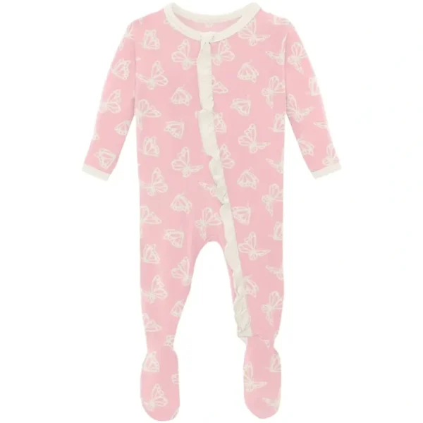 Clothing | Print Classic Ruffle Footie with Zipper in Lotus Butterfly - CaringForTots - Professional Baby and Children's Products | Caring for Growth, Caring for Every Moment