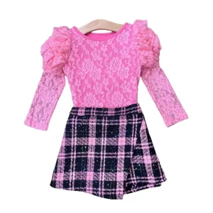 Rosy Daydream Pink Rosette Sleeve Lace Top And Skirt Set - CaringForTots - Professional Baby and Children's Products | Caring for Growth, Caring for Every Moment* Tees - Long Sleeve