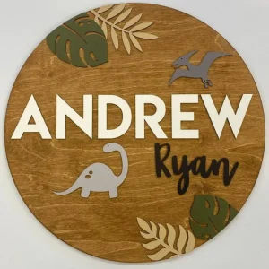 Round Personalized Wood Name Sign | Dinosaur - CaringForTots - Professional Baby and Children's Products | Caring for Growth, Caring for Every Moment* Personalized Signs