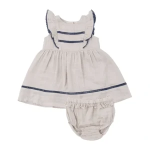 Ruffle Dress With Trim - Oatmeal Solid Muslin - CaringForTots - Professional Baby and Children's Products | Caring for Growth, Caring for Every Moment* Dresses
