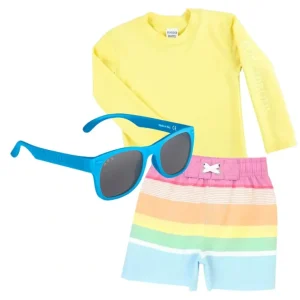 Ruggedbutts Baby Rainbow Stripe Swim Trunks & Rash Guard With Roshambo Blue Sunglasses - CaringForTots - Professional Baby and Children's Products | Caring for Growth, Caring for Every Moment* Sunglasses