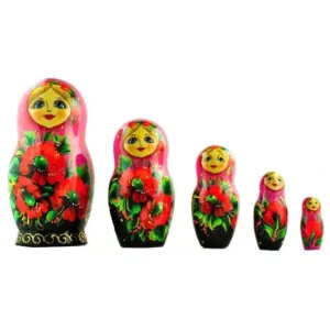 Set Of 5 Pink Scarf With Poppy Flowers Nesting Dolls 7 Inches - CaringForTots - Professional Baby and Children's Products | Caring for Growth, Caring for Every Moment* Flowers