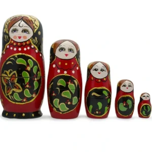 Set Of 5 Red & Black Wooden Nesting Dolls Matryoshka 6.5 Inches - CaringForTots - Professional Baby and Children's Products | Caring for Growth, Caring for Every Moment* Flowers