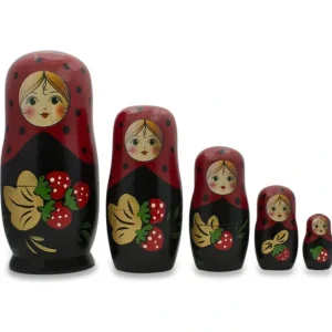 Set Of 5 Red Strawberries On Black Nesting Dolls 6.5 Inches - CaringForTots - Professional Baby and Children's Products | Caring for Growth, Caring for Every Moment* Flowers