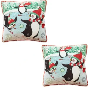 Set Of 2 Skating Penguins Christmas Throw Pillow Covers - CaringForTots - Professional Baby and Children's Products | Caring for Growth, Caring for Every Moment* Pillow Covers