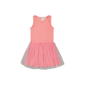 Shiny Ribbed Dress With Mesh Flocking Flowers Pink - CaringForTots - Professional Baby and Children's Products | Caring for Growth, Caring for Every Moment* Dresses