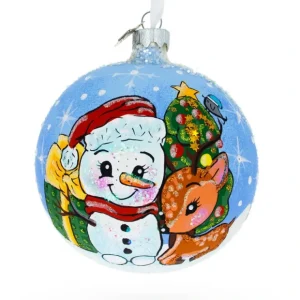 Snowman And Baby Deer First Christmas Glass Ball Christmas Ornament 4 Inches - CaringForTots - Professional Baby and Children's Products | Caring for Growth, Caring for Every Moment* Christmas Tree Ornaments