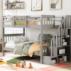 Stairway Twin-Over-Twin Bunk Bed with Storage and Guard Rail for Bedroom, Dorm, Gray color - CaringForTots - Professional Baby and Children's Products | Caring for Growth, Caring for Every Moment* All Products
