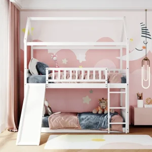 Twin Over Twin Bunk Bed with Slide, House Bed with Slide, White - CaringForTots - Professional Baby and Children's Products | Caring for Growth, Caring for Every Moment* All Products