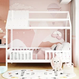 Twin Size Wood House Bed with Fence, White - CaringForTots - Professional Baby and Children's Products | Caring for Growth, Caring for Every Moment* All Products