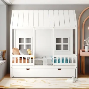 Twin Size Wood House Bed With Twin Size Trundle, Wooden Daybed, White - CaringForTots - Professional Baby and Children's Products | Caring for Growth, Caring for Every Moment* All Products