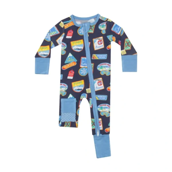 Vintage Ski Patches Bamboo 2 Way Zipper Romper - CaringForTots - Professional Baby and Children's Products | Caring for Growth, Caring for Every Moment* Boys