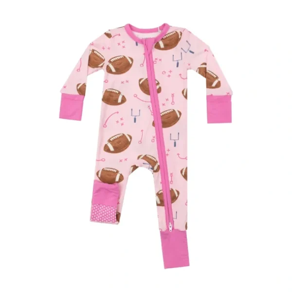 Shop All | 2 Way Zipper Romper - Footballs Pink - CaringForTots - Professional Baby and Children's Products | Caring for Growth, Caring for Every Moment