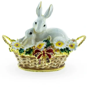 White Bunny Family In Easter Basket Trinket Box Figurine 2.5 Inches - CaringForTots - Professional Baby and Children's Products | Caring for Growth, Caring for Every Moment* Bunnies