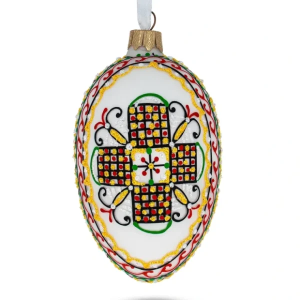 White Geometric Ukrainian Egg Glass Christmas Ornament 4 Inches - CaringForTots - Professional Baby and Children's Products | Caring for Growth, Caring for Every Moment* Christmas Tree Ornaments