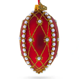 White Pearl Trellis On Red Glass Egg Christmas Ornament 4 Inches - CaringForTots - Professional Baby and Children's Products | Caring for Growth, Caring for Every Moment* Christmas Tree Ornaments