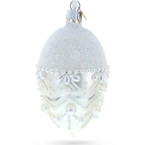 White Pearls On Frozen Glass Egg Christmas Ornament 4 Inches - CaringForTots - Professional Baby and Children's Products | Caring for Growth, Caring for Every Moment* Christmas Tree Ornaments